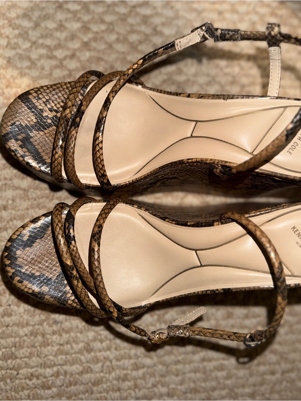 Kenneth Cole Tan and Brown Snake-Print Strappy Heels